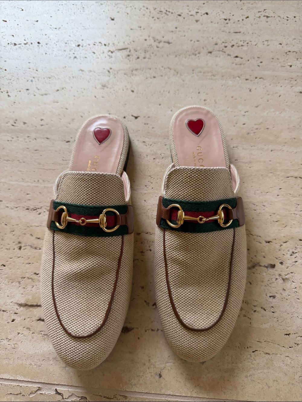 Gucci Beige Canvas Horsebit Mules with Green-Red Web